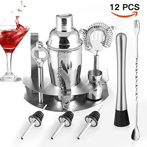Cocktail Bar Set HOBFU 12 Piece Cocktail Shaker Kit With Bartender's Professional Shaker, Strainer, Jigger, Liquor Pourers, Stainless Steel