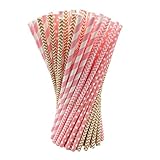 Ldoux 100 Pcs Biodegradable Paper Straws for Birthdays, Weddings, Baby Showers, Celebrations and Parties, Gold and Pink Pattern