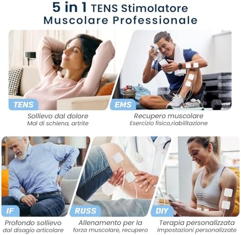5 in 1 Elettrostimolatore Muscolare Professionale, Ricaricabile 80 Modalità con TENS/EMS/RUSS/IF/DIY Massaggio, 2 Canali, 16 Intensità per Alleviare il Dolore