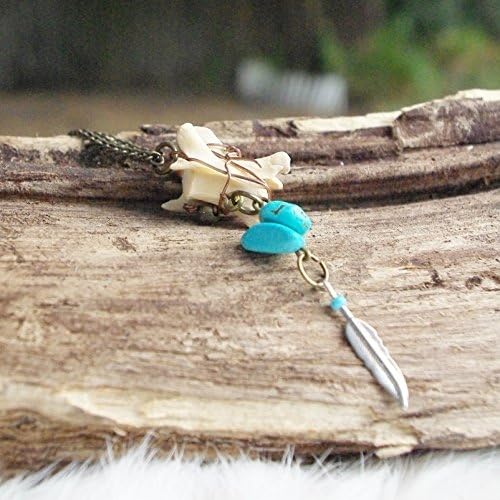 Real Mink Vertebrae Necklace with Silver Feather Charm and Turquoise - Native American Inspired