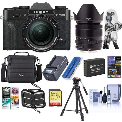 Fujifilm X-T30 Mirrorless Camera with XF 18-55mm f/2.8-4 R LM OIS Lens Black – Bundle With Camera Case, 64GB SDXC Card, Spare Battery, Compact Charger, Software Package, Tripod, Cleaning Kit, And More