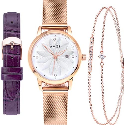 Avgi 腕時計 レディース 日付表示 防水機能 替えバンド付き ゴールド パープル