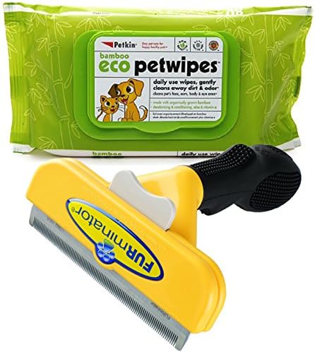 FURminator LONG HAIR deShedding Brush for LARGE DOGS 51-90 Lbs 4" Inch Edge Tool BONUS Petkin Bamboo Eco Petwipes, 80 Count