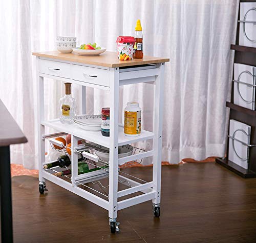 Kitchen Cart Island On Wheels,JULYFOX Kitchen Trolley Microwave Cart with Storage Drawers Shelves Red Wine Rack Solid Wood Breakfast Cart 33 inches Tall Bar Table for Small Spaces White and Oak