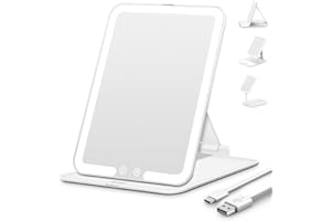 Auxmir Travel Makeup Mirror with Light, Portable Folding Lighted Travel Makeup Mirror with 72 LEDs, Rechargeable Compact Vanity Mirror with 3 Dimmable Color Lights, Adjustable Height and Angle, White