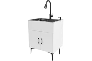 Liffshsy Laundry Sink Cabinet with Pull-Out Faucet, Stainless Steel Freestanding Utility Room Sink with Cabinet Utility Tub for Bathroom Laundry Room Kitchen (23.62x17.72in White)