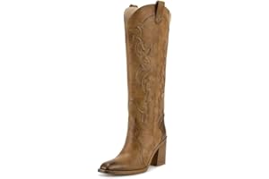 wetkiss Cowgirl Boots Women Knee High Boots, Embroidered Cowboy Boots with Chunky Heel Comfort Tall Western Boots for Women