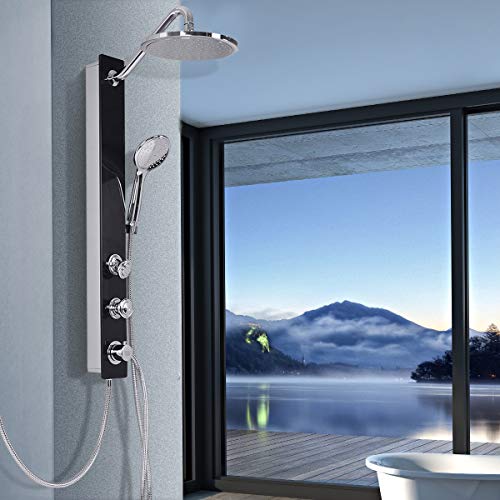 ReunionG, Black Panel, Tempered Glass Set with Rainfall Waterfall Head, Column with Massage Jets and Hand Shower, Easy Assembly