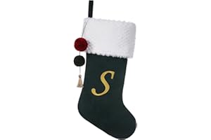 Pxniy 19.5 inches Personalized Velvet Christmas Stocking,Initials Embroidered Letter Christmas Stocking with pom poms, for Fireplace Hanging Decor and Xmas Gift(Green S)