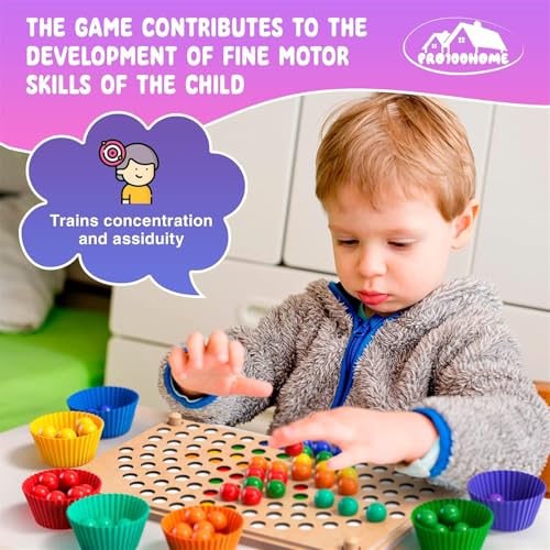 AM ANNA Wooden Peg Board Beads Game, Toddler Wooden Learning Montessori Toys for Kids 2-3 Years Old, Rainbow Stacking Matching Counting Color Sorting Games for Fine Motor Math Skills (Rainbow)