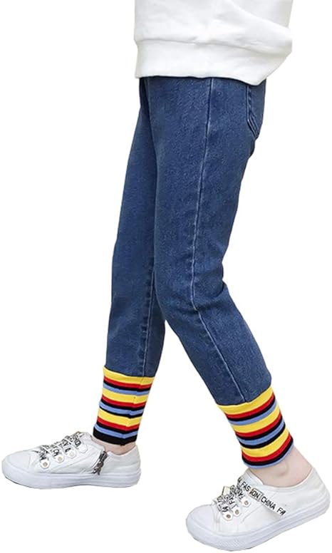 Amazon Fevon ジーンズ 子供 女の子 ロングパンツ 春秋 ボーダー 切り替え 配色 おしゃれ デニムパンツ キッズ ガールズ 長ズボン 可愛い 快適 ジーパン 通園 通学 110 1 130 140 150 160 パンツ 通販