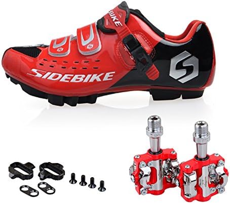 Men Women Mountain Bike Cycling Shoes and Pedals (Black-Red + Red,US13/EU46/Ft29cm)