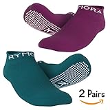 Rymora Grip Socks Women & Men - Sticky Anti Slip Non Skid - Perfect Yoga, Pilates, Barre, Hospital, Labor Delivery, Trampoline [2 Pairs: Purple & Teal] [Medium: US Men: 8-11 / US Women: 9-12]