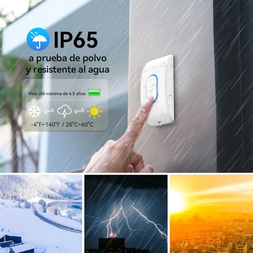 TECKNET Wireless Doorbell Outdoor Waterproof, IP65 Waterproof Doorbell 400M, 60 Melodies and 5 Volume Levels, 3 Working Modes, LED Indicator for Home, Living Room, Office – White