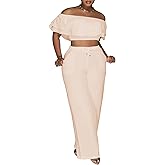 Ecirod Womens Summer Casual 2 Piece Outfits Sexy Ruffle Off The Shoulder Crop Top High Waisted Wide Leg Pants Set