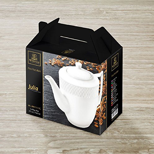 Wilmax WL-880111, 25 oz. Julia Collection White Porcelain Coffee Pot, Classic European Bone China Traditional Coffee Server with Lid, Gift Box