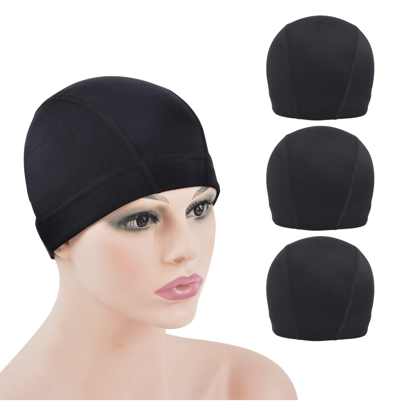 3 Pcs Dome Cap Wig Caps for Making Wig Stretchy Wigs Cap with Wide Elastic Band (Black Dome Cap S)