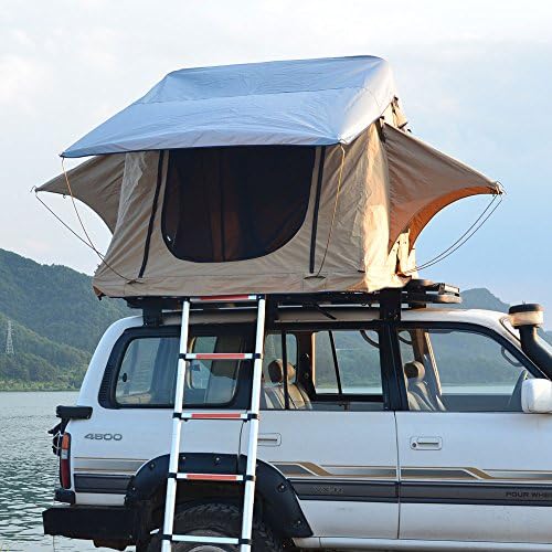 gobi desert Tent Rooftop Folding Tent Incl. Bedding 12V Socket 420D HD Rip Stop Polyester 1 in. Aluminum/Polyurethane Sandwich Base/Ladder Max Load 300kg/660 lb. Coyote Tan Overland Tent (gray)