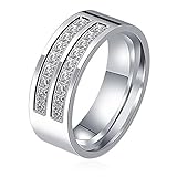 Aienid Wedding Band Rings for Men Stainless Steel High Polished Princess Cut Two Lines CZ Silver