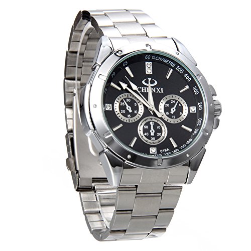 Avaner Business Casual Mens Stainless Steel Rhinestones Accented Black Round Dial Analog Quart Dress Watch Gift