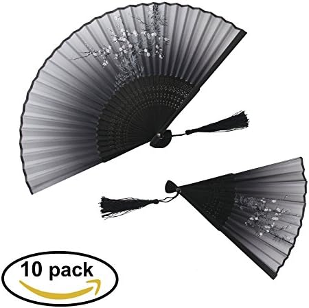 Folding Hand Fan,10 Pack, Silk and bamboo, black, 21CM, wedding gifts , birthday gifts … (10)