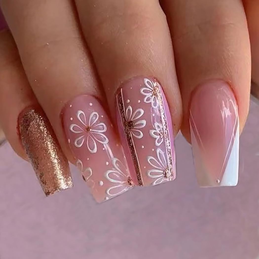 Brishow Coffin False Nails Long Fake Nails French Flowers Press on Nails Ballerina Acrylic Stick on Nails 24pcs for Women and Girls (f)