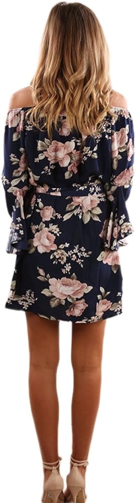 SVALIY Women Off Shoulder Ruffles Floral Tunic Casual Party Shift Short Dress at  Women’s Clothing store