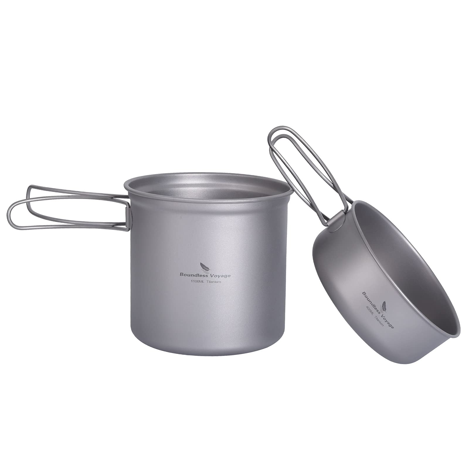 iBasingo Titanium Pot Pan Set Camping Cookware with Folding Handle Outdoor Lightweight Kitchen Cooking Utensils Hiking Portable Bowl Cup Kitchenware Travel Picnic Tableware Mess Kit Ti2050C