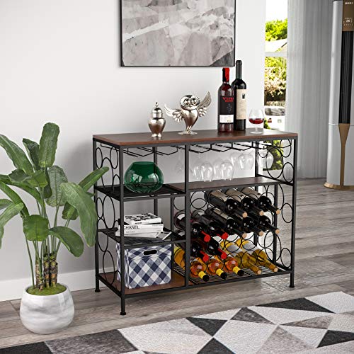 mecor Industrial Metal Wine Rack Table with Glass Holder and Wine