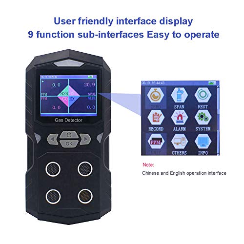 4 Gas Detector Handheld Multi Gas Monitor | Color Display with Graphing | Rechargeable Battery Sound Light Vibration Alarm, 2-Year Detector