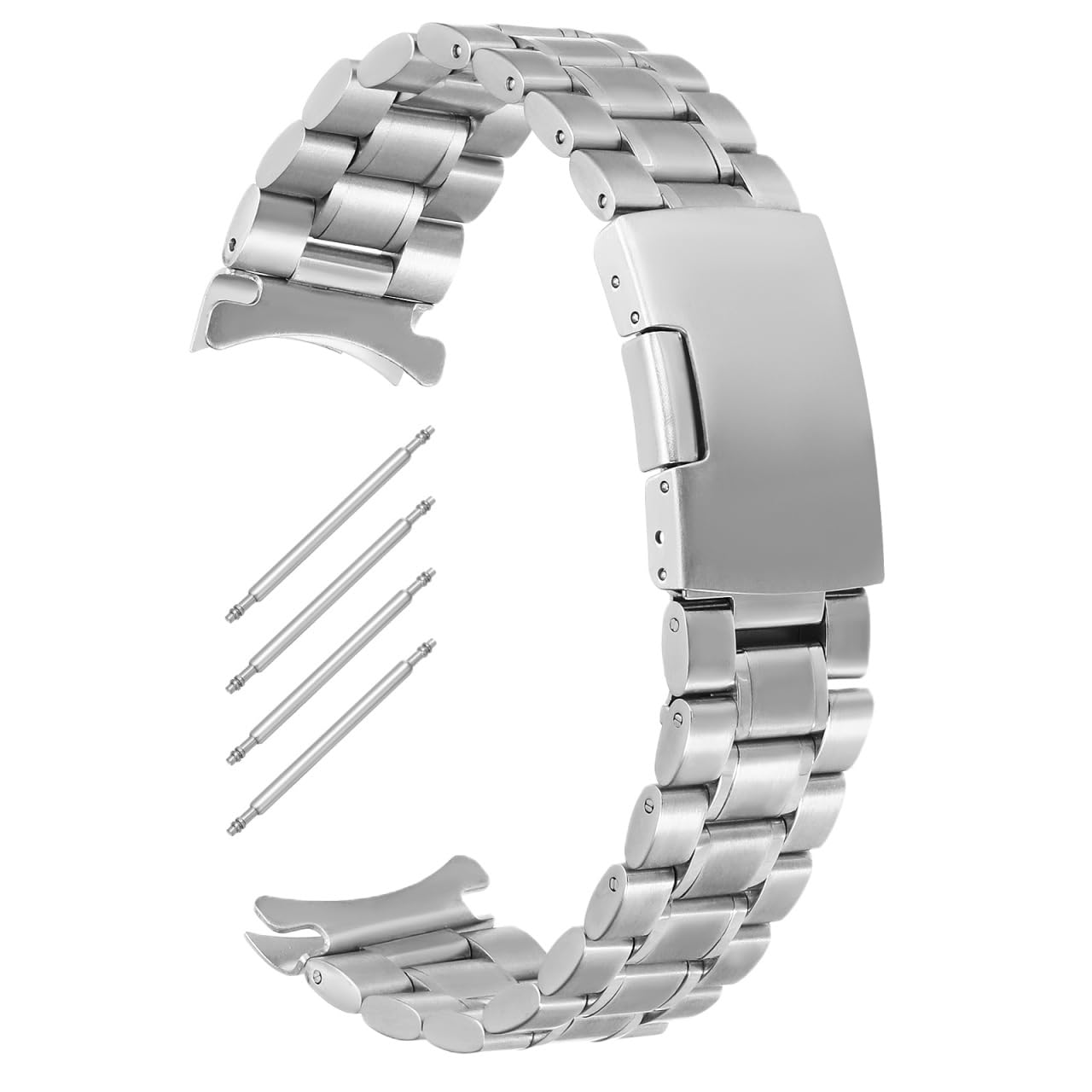 Watch Supplies - 22mm Stainless Steel Solid Links Bracelet Watch Band Strap Curved End with 4pcs Watch Pins Spring Bars (Silver)