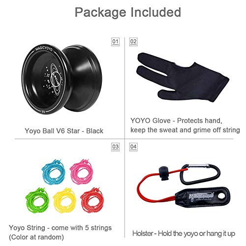 YOSTAR Responsive Beginners Yoyo Ball Bearing V6 Aluminum Metal Yoyos Ball Dual-Purpose Yoyo Christmas Birthday Gift + Bag, Glove, 5 Yoyo Strings (Black) - Thumbnail 6