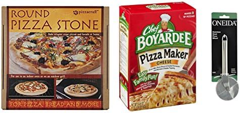 Deluxe Homemade Pizza Kit with 2 Pizzacraft Mini Pizza Stones, 1 Chef Boyardee Cheese Pizza Kit, and 1 Oneida Pizza Slicer Cutter.