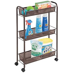 mDesign-Rolling-Utility-Trolley-with-3-Levels-for-Better-Home-Organisation--Metal-Storage-Shelf-Unit-for-Laundry-Detergent-Stain-Remover-Clothes-Pegs-Etc--All-Purpose-Shelving-Trolley--Bronze mDesign Rolling Utility Trolley with 3 Levels for Better Home Organisation – Metal Storage Shelf Unit for Laundry…
