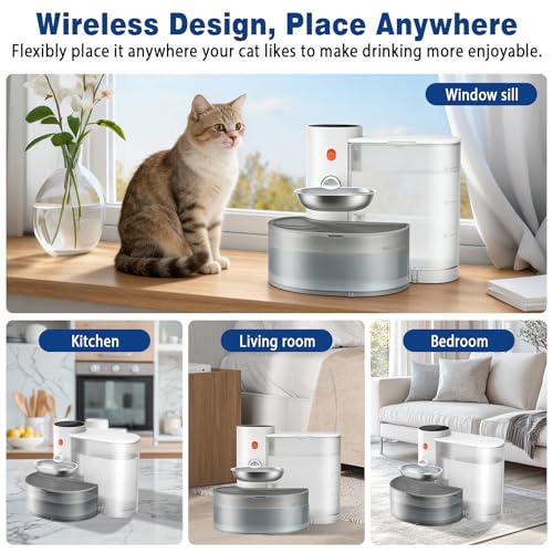 3.8L Cat Fountain without Cable: Automatic Cat Drinker Without Filter and Wireless with Battery 2000mAh Used Water Separation System Stainless Steel Bowl White