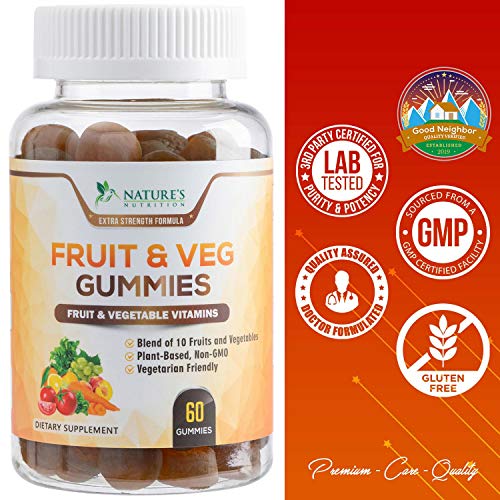 Fruit and Vegetable Gummies for Adults Highest Potency Daily Multivitamin - Premium Fruits & Veggies Blend, Made in USA, Best Vegan Men & Women Pectin Gummy, Gluten Free - 60 Gummies