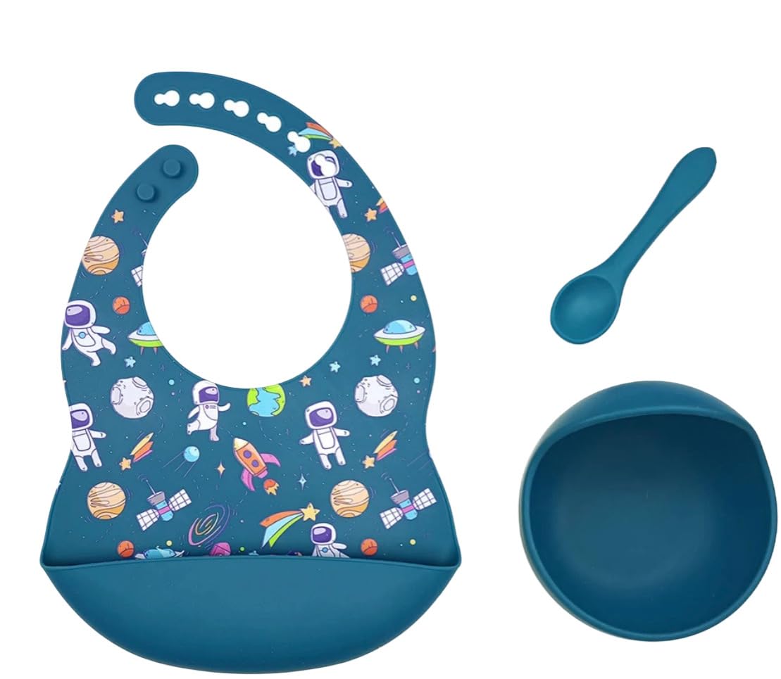 Generico Silicone Baby Feeding Set - Baby Bib with Feeding Pocket, Suction Bowl and Spoon - Easy Clean Non Slip Weaning Kit, Space Odyssey, One Size