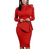 Women's Peplum Bodycon Long Sleeve Wear to Work Dresses Bow Party Club Ruffle Formal Cocktail Pencil Dress