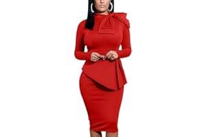 PERZEAL Women's Peplum Bodycon Long Sleeve Wear to Work Dresses Bow Party Club Ruffle Formal Cocktail Pencil Dress