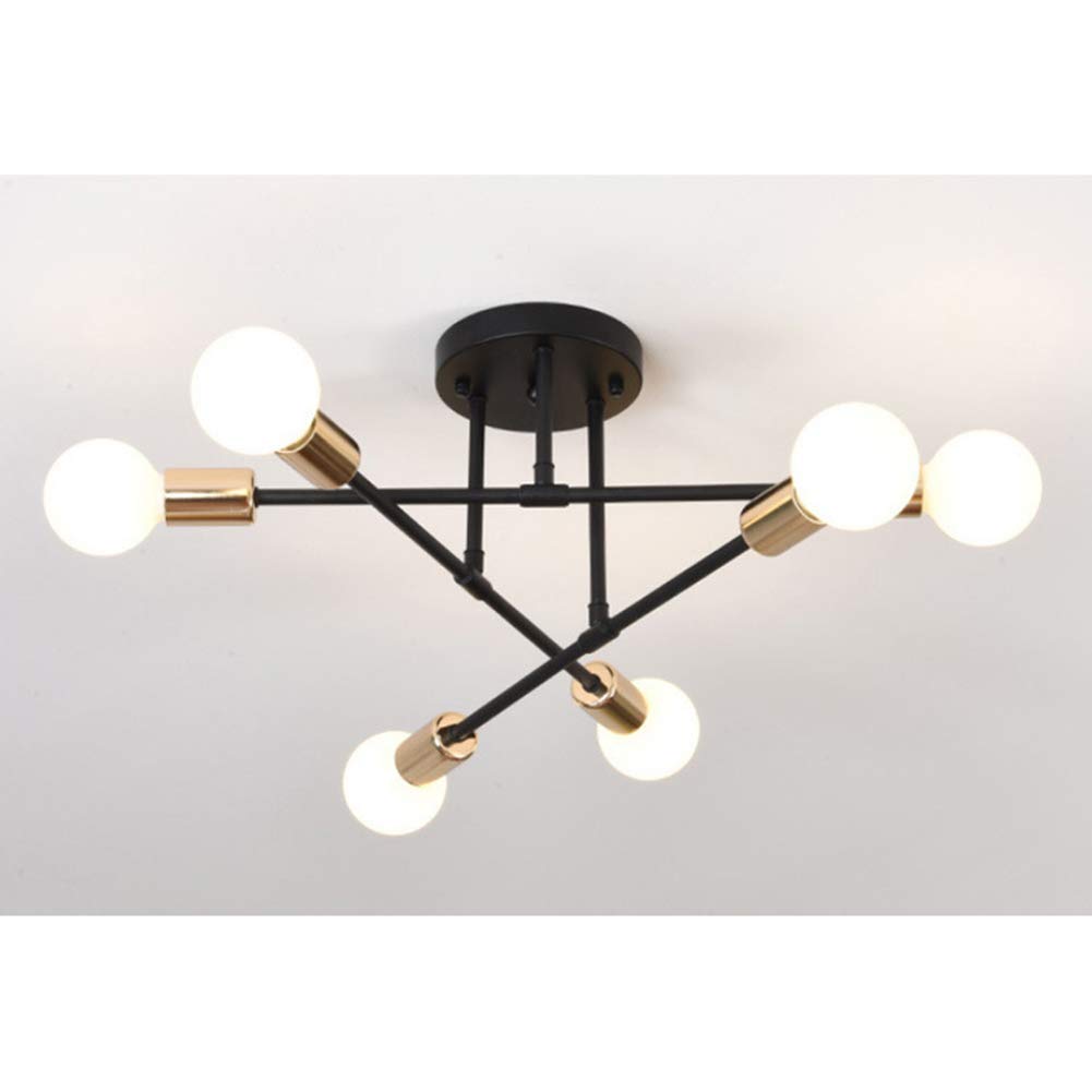 Nordic Metal Retro Chandelier, Semi-Flush Mount Industrial Ceiling Light, for Living Room, Bedroom, Dining Room, Kitchen, Restaurant E27 Socket,black gold,6 lights