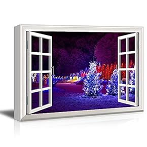 Window Frame Style Canvas Wall Art - Snow Covered Pine Trees with Lights During Christmas Season - Giclee Print Gallery Wrap Modern Home Art Ready to Hang - 12x18 inches