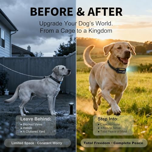 GPS Wireless Dog Fence System – Invisible Electric Anti Escape Collar, No Subscription, Circular 65-9,840 ft & Irregular Fence. Waterproof, 3 Modes, Stops Digging & Jumping, for Medium & Large Dogs