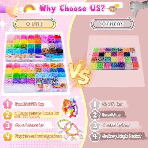 CGBOOM 5000+ Loom Bands Set, 62 Colours, 2 Boxes, Loom Bands, Rubber Bands for Bracelets with More Accessories, Gift Girls 5 6 7 8 9 10 Years, Birthday Gift Girls Craft Set Children