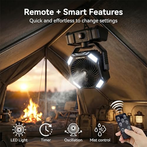 GOBRILLFUN Battery Operated Fan 10000mAh with Mist, Portable Remote Control Fan with 300mL Tank, Oscillating Cooling Fan, 2 Mist Modes, LED Light, Timer, Rechargeable for Camping Patio Beach Office