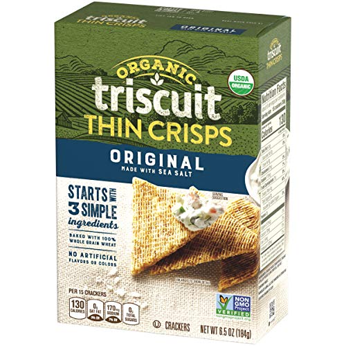 TRISCUIT ORGANIC ORIGINAL WHOLE GRAIN WHEAT CRACKERS, ORGANIC CRACKERS, VEGAN SNACKS, LUNCH SNACKS, 6.5 OZ