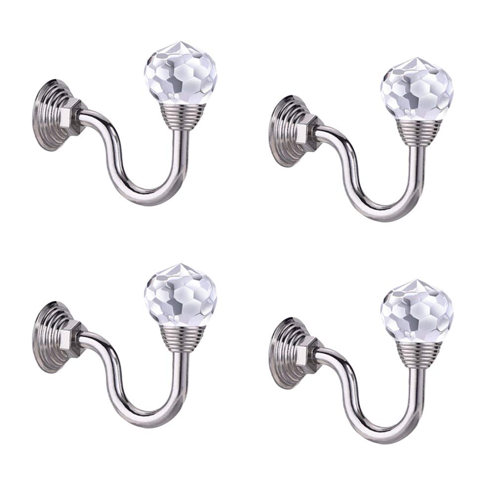 IMIKEYA 4 Pcs Clear Crystal Curtain Rope Holdbacks Wall Mounted Tassel Curtain Tieback Hook Multi Use Wall Hook Coat Hanger with Screws(Silver)