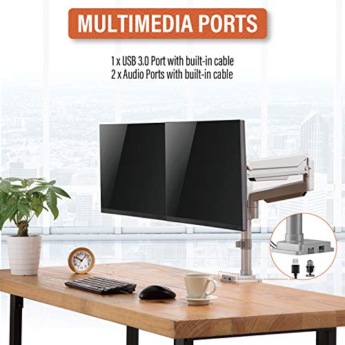 PUTORSEN® PC Dual Monitor Arm - Aluminum Ergonomic Height-Assisted Full Motion Heavy Duty Double Arm Desktop Clamp Mount for 17–32” Screens VESA 75 to 100mm Weight up to 9kg (USB3.0 & Audio Ports)