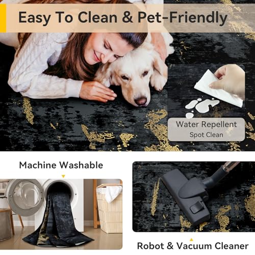 RELEANY Washable Area Rug 8'x10' Non-Slip Indoor Modern Abstract Low Pile Soft Carpet Rugs for Living Room Bedroom Home Entryway, Print Pattern, Dark Black Gold