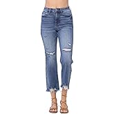Judy Blue High Waisted Destroyed Cropped Straight Jeans for Women's Distressed Destroyed Straight Leg Denim with Frayed Hem