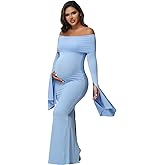 JustVH Women's Maternity Long Sleeve Off Shoulder Pregnancy Photography Dress for Baby Shower Photoshoot Party